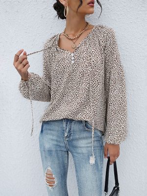 Exotic Leopard Print V-Neck Shirt: Autumn Long Sleeve Drawstring Top