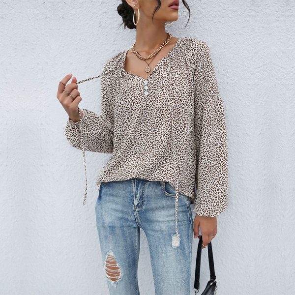 Exotic Leopard Print V-Neck Shirt: Autumn Long Sleeve Drawstring Top