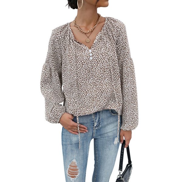 Exotic Leopard Print V-Neck Shirt: Autumn Long Sleeve Drawstring Top