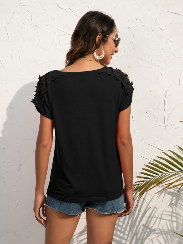 Casual Lace V-Neck Patchwork Pullover Short-Sleeved T-Shirt