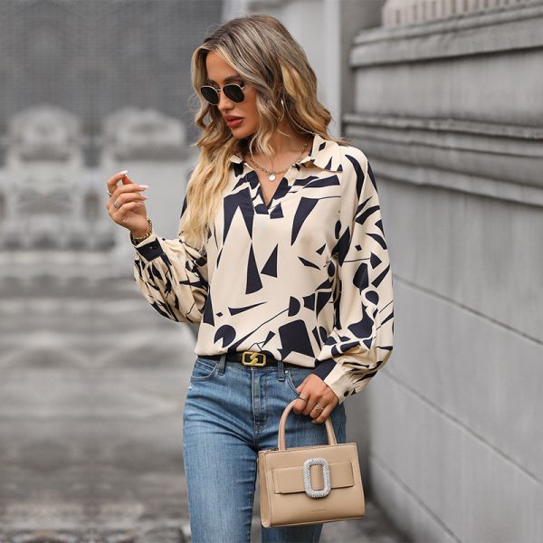 Autumn Elegance: Long-Sleeved Printed Shirt for Women