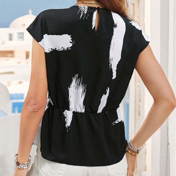 Brush Stroke Printing Short-Sleeved Office Shirt for Women