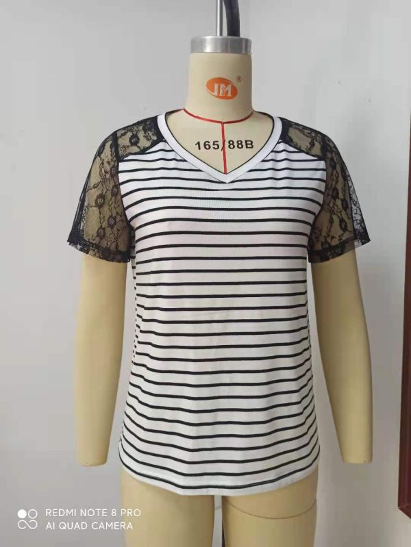 Striped Stitching Lace V-Neck Loose Short Sleeve T-Shirt