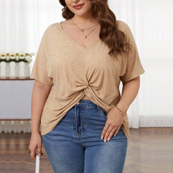 Plus Size Loose Casual V Neck Short Sleeve Knitted T-Shirt