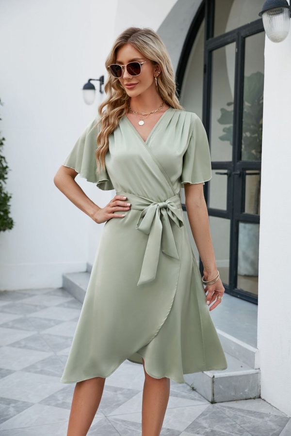 Satin V-neck Flare Sleeve Sexy Summer Dress