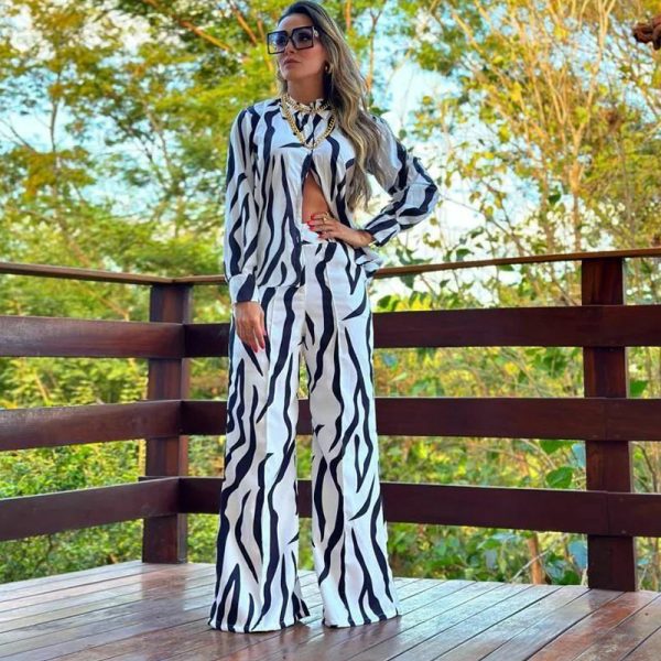 Women's Printed Shirt and Wide Leg Pants Casual Two-Piece Suit