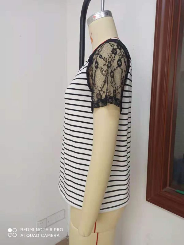 Striped Stitching Lace V-Neck Loose Short Sleeve T-Shirt