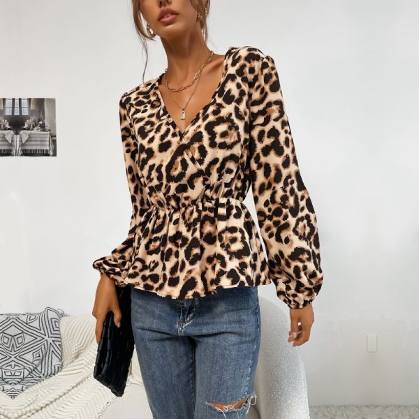 Leopard Print Off-the-Shoulder V-Neck Shirt