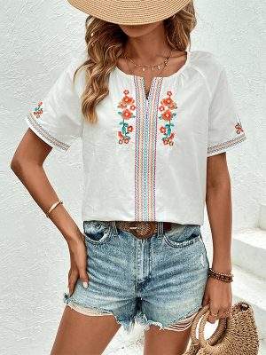 Summer Casual V-Neck Embroidered Blouse for Women