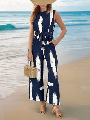 Summer Vacation Sleeveless Printed Wide Leg Jumpsuit for Women