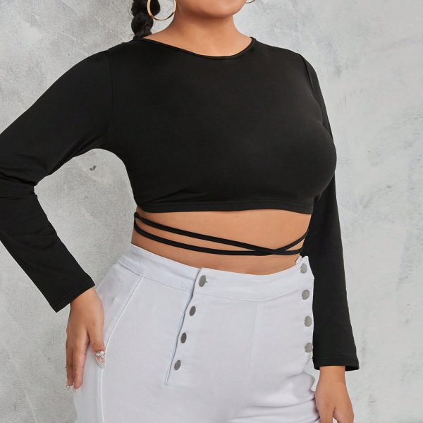 Plus Size Sexy Lace-Up Backless Short-Sleeved T-shirt Autumn Winter Coat