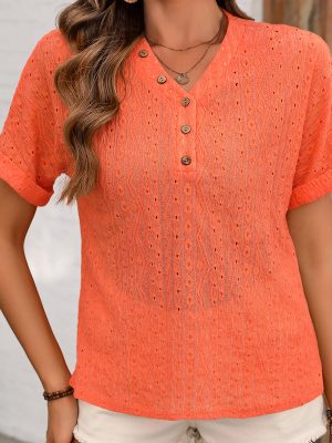 Ripped Crocheted Hollow Out Cutout V-Neck Short Sleeve T-Shirt