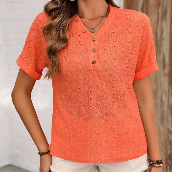 Ripped Crocheted Hollow Out Cutout V-Neck Short Sleeve T-Shirt