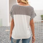 Striped Stitching V-Neck Short Sleeve Loose T-Shirt Top for Women