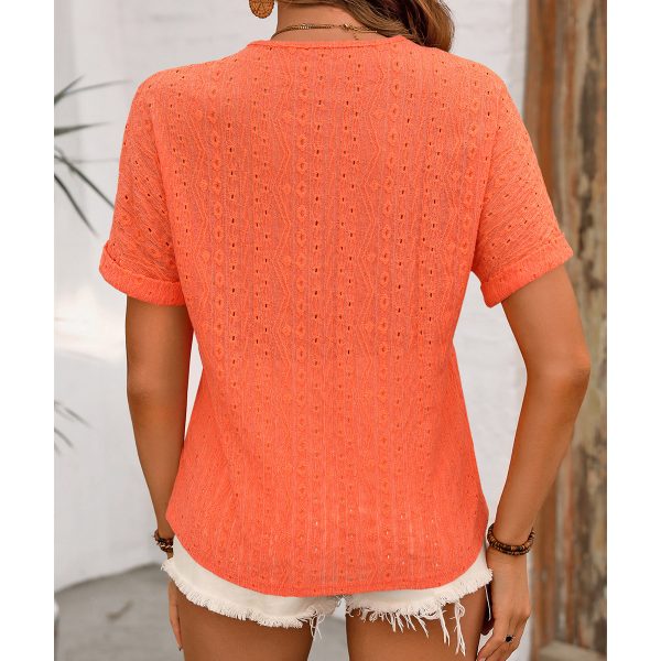 Ripped Crocheted Hollow Out Cutout V-Neck Short Sleeve T-Shirt