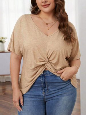 Plus Size Loose Casual V Neck Short Sleeve Knitted T-Shirt