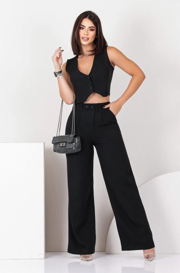 Solid Color Sleeveless Cropped Top and Loose Trousers Set