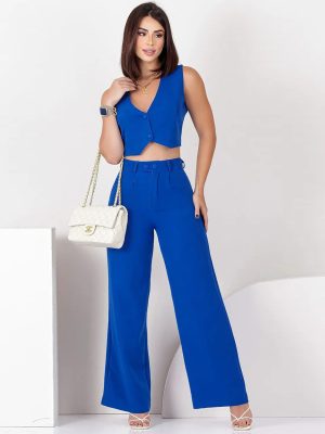 Solid Color Sleeveless Cropped Top and Loose Trousers Set