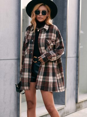 Casual Plaid Single-Breasted Collared Mid-Length Trench Coat Shacket