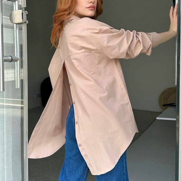 Spring Autumn Women's Solid Color Long Sleeve Loose Shirt with Back Slit