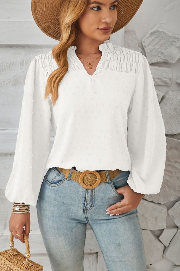 Chic V-Neck Pleated Jacquard Chiffon Shirt for Spring/Summer