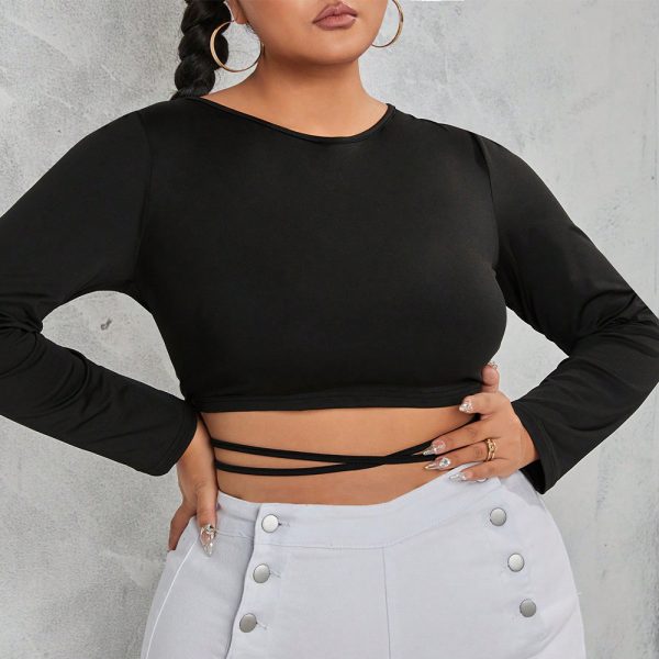 Plus Size Sexy Lace-Up Backless Short-Sleeved T-shirt Autumn Winter Coat