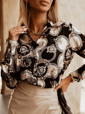 Elegant Baroque Digital Printed Long-Sleeved Cardigan Shirt for Women