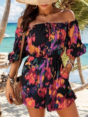 Spring Summer Vacation Off-Shoulder Jumpsuit with High Waist Ruffle Sleeves