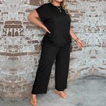 Plus Size Round Neck Loose Casual Short Sleeve T-Shirt & Wide Leg Pants Set