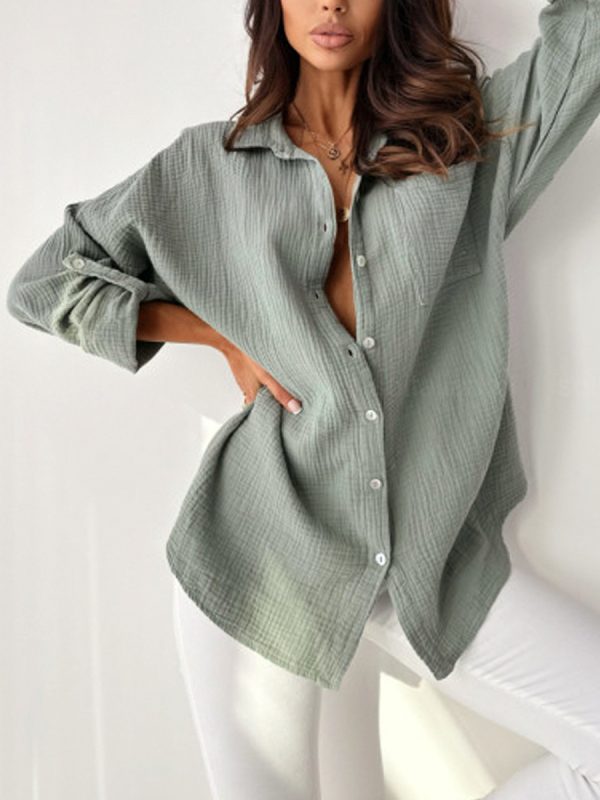 Women's Collared Solid Color Loose Top with Rolled Long Sleeves