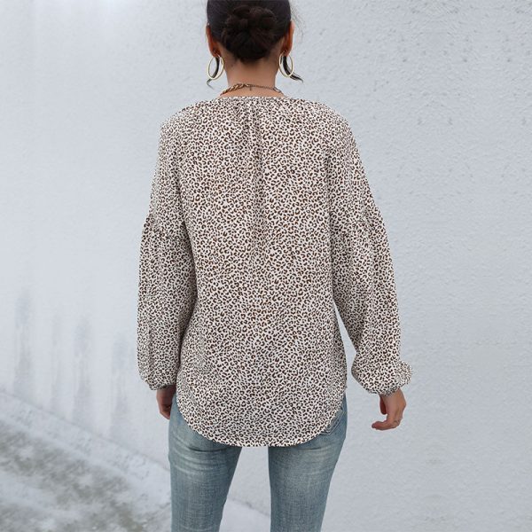 Exotic Leopard Print V-Neck Shirt: Autumn Long Sleeve Drawstring Top