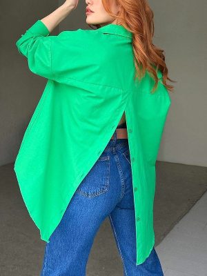 Spring Autumn Women's Solid Color Long Sleeve Loose Shirt with Back Slit