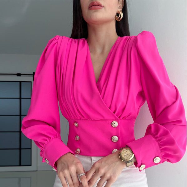 Women's V-Neck Sexy Long Sleeve Shirt with Short Waist Puff Sleeves