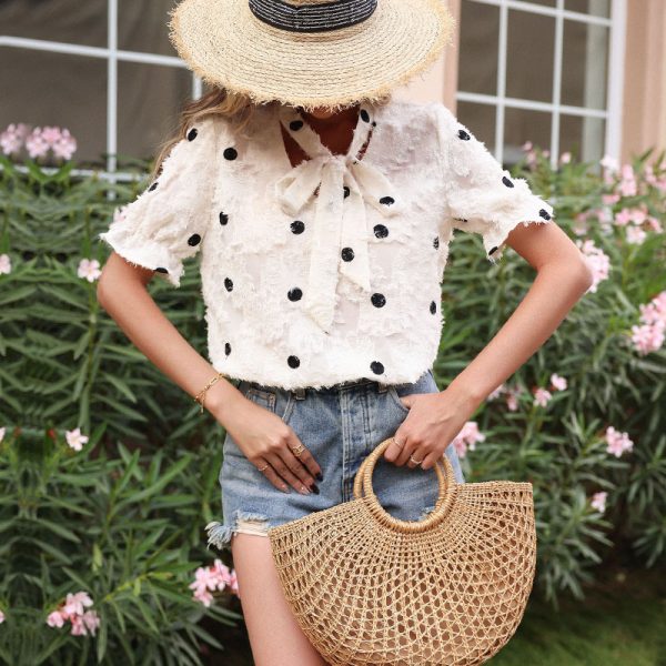 Polka Dot Chiffon Bow Shirt with Short Sleeves