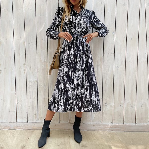 Chic Spring Style: Long Sleeve Collared Printing Dress