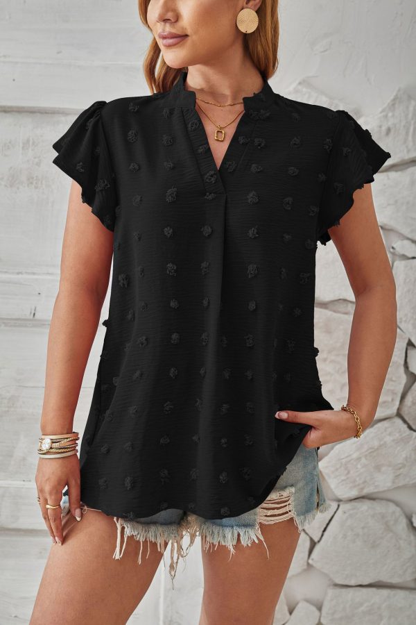 V-neck Short Sleeve Chiffon Office Shirt with Big Fur Ball