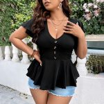 Plus Size Sexy V-neck Tight Waist Short Sleeve Sweater for Women