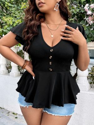 Plus Size Sexy V-neck Tight Waist Short Sleeve Sweater for Women