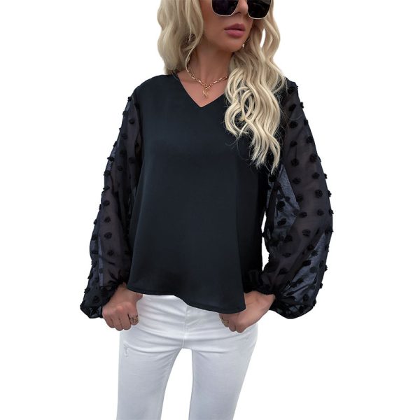 Autumn V-Neck Fur Ball Chiffon Pullover: Women's Long Sleeve Shirt