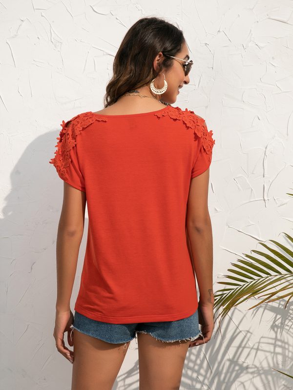 Casual Lace V-Neck Patchwork Pullover Short-Sleeved T-Shirt