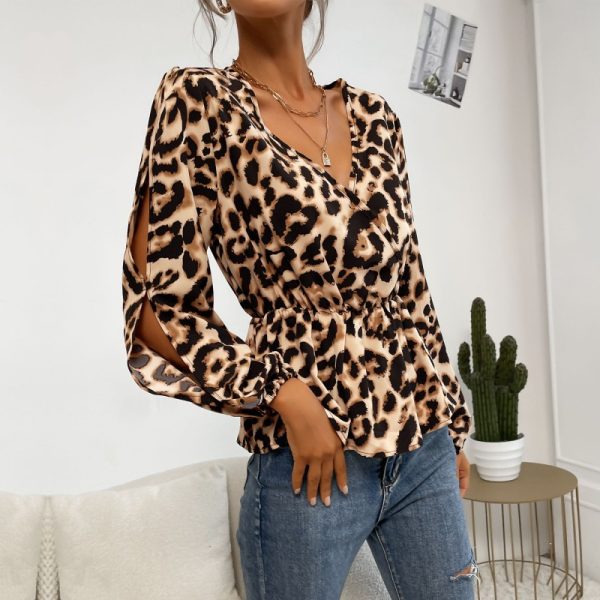 Leopard Print Off-the-Shoulder V-Neck Shirt