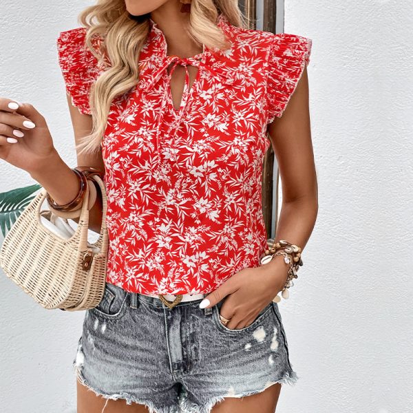 Red Printed Ruffled Short Sleeve Shirt for Women