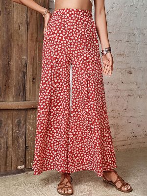 Red High-Waisted Floral Horn Wide-Leg Pants for Women