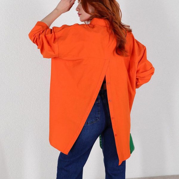 Spring Autumn Women's Solid Color Long Sleeve Loose Shirt with Back Slit