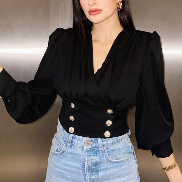 Women's V-Neck Sexy Long Sleeve Shirt with Short Waist Puff Sleeves