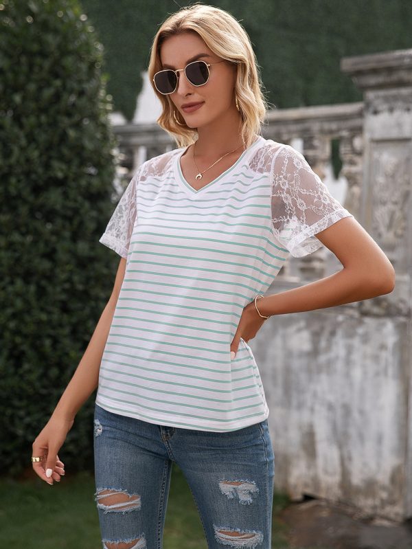 Striped Stitching Lace V-Neck Loose Short Sleeve T-Shirt