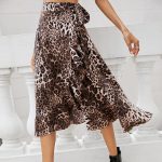 Ruffled Irregular Asymmetric Leopard Print Lace-Up Midi Skirt for Women