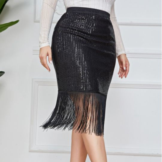 Plus Size Retro Sequined Tassel Skirt