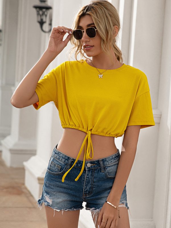 Spring/Summer Cropped Lace-Up Crew Neck T-shirt