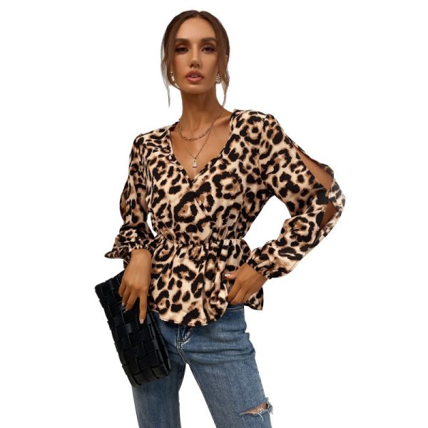 Leopard Print Off-the-Shoulder V-Neck Shirt